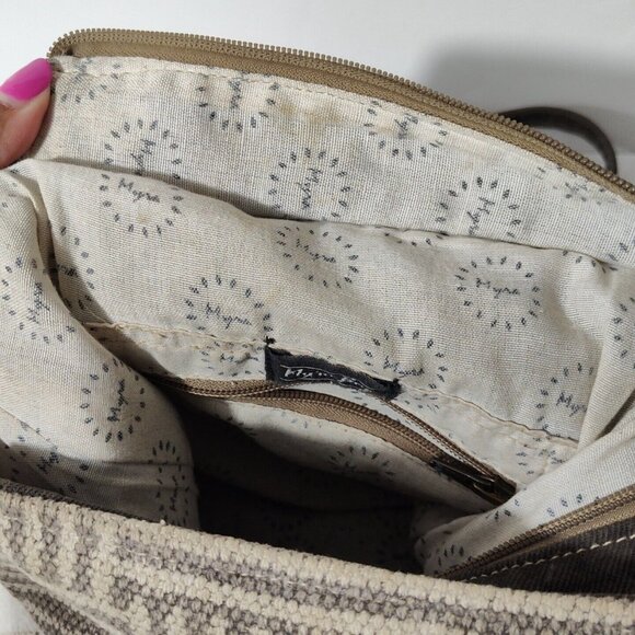 Myra Bag Brown Canvas Flap Messenger Backpack Cow Print Western Woven - Picture 9 of 16